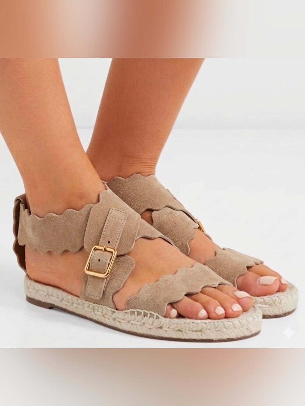 Chloe Lauren Suede Scalloped Espadrille Sandals in Beige Size 40